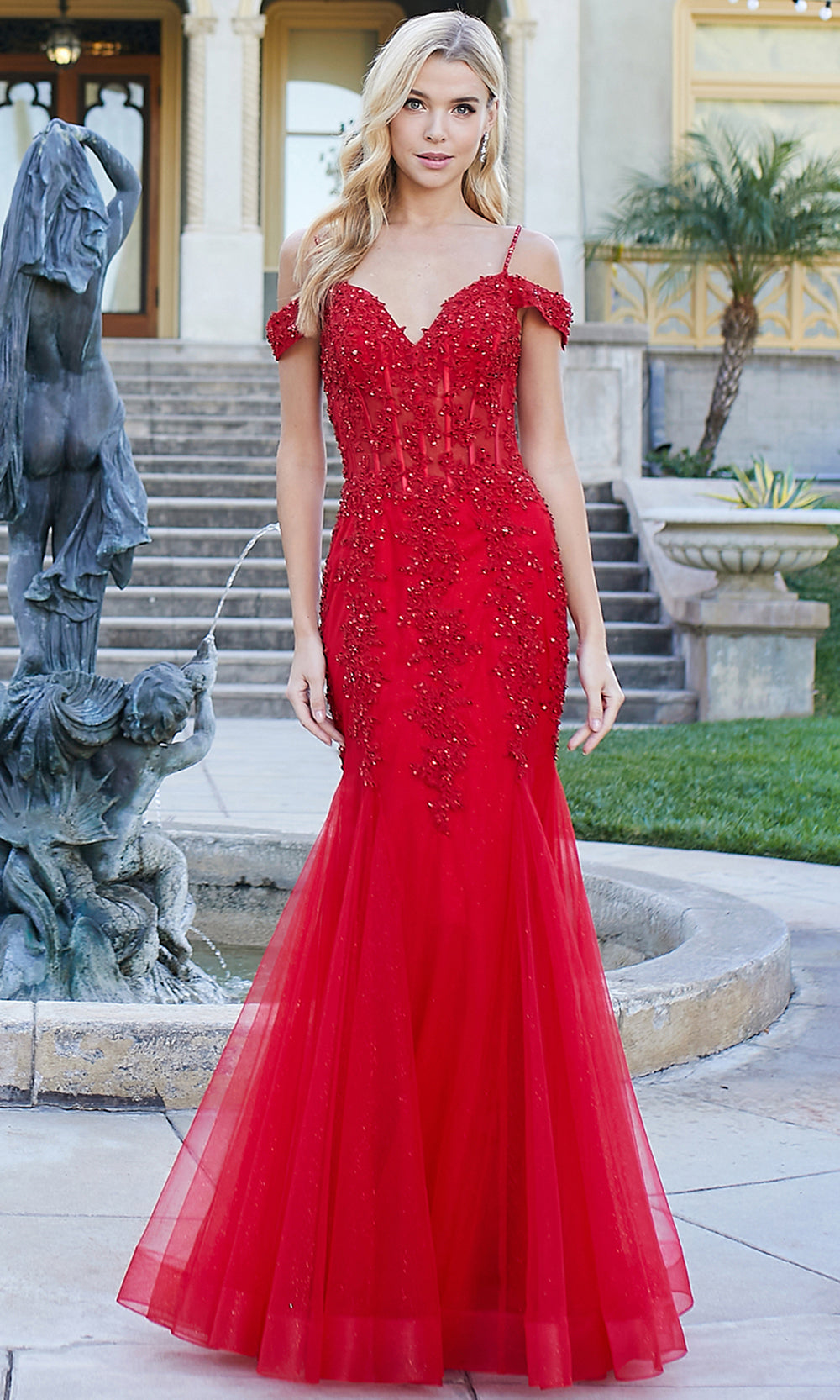 Adora Design 3005 - Beaded Lace Cold Shoulder Evening Dress
