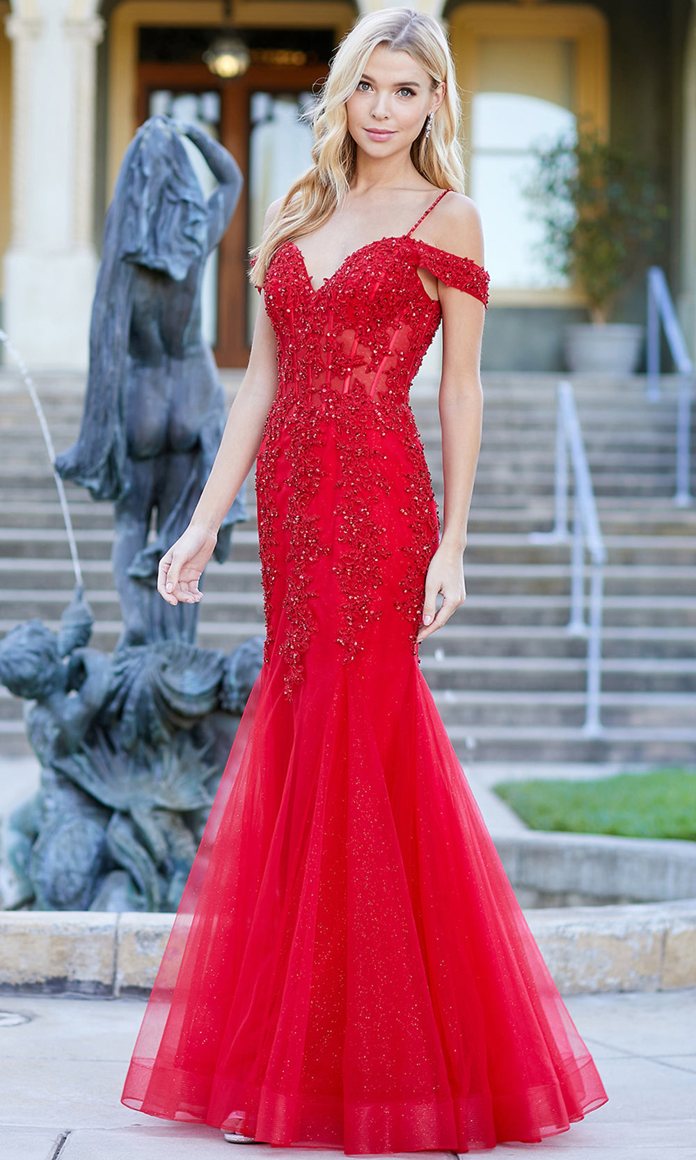 Adora Design 3005 - Beaded Lace Cold Shoulder Evening Dress