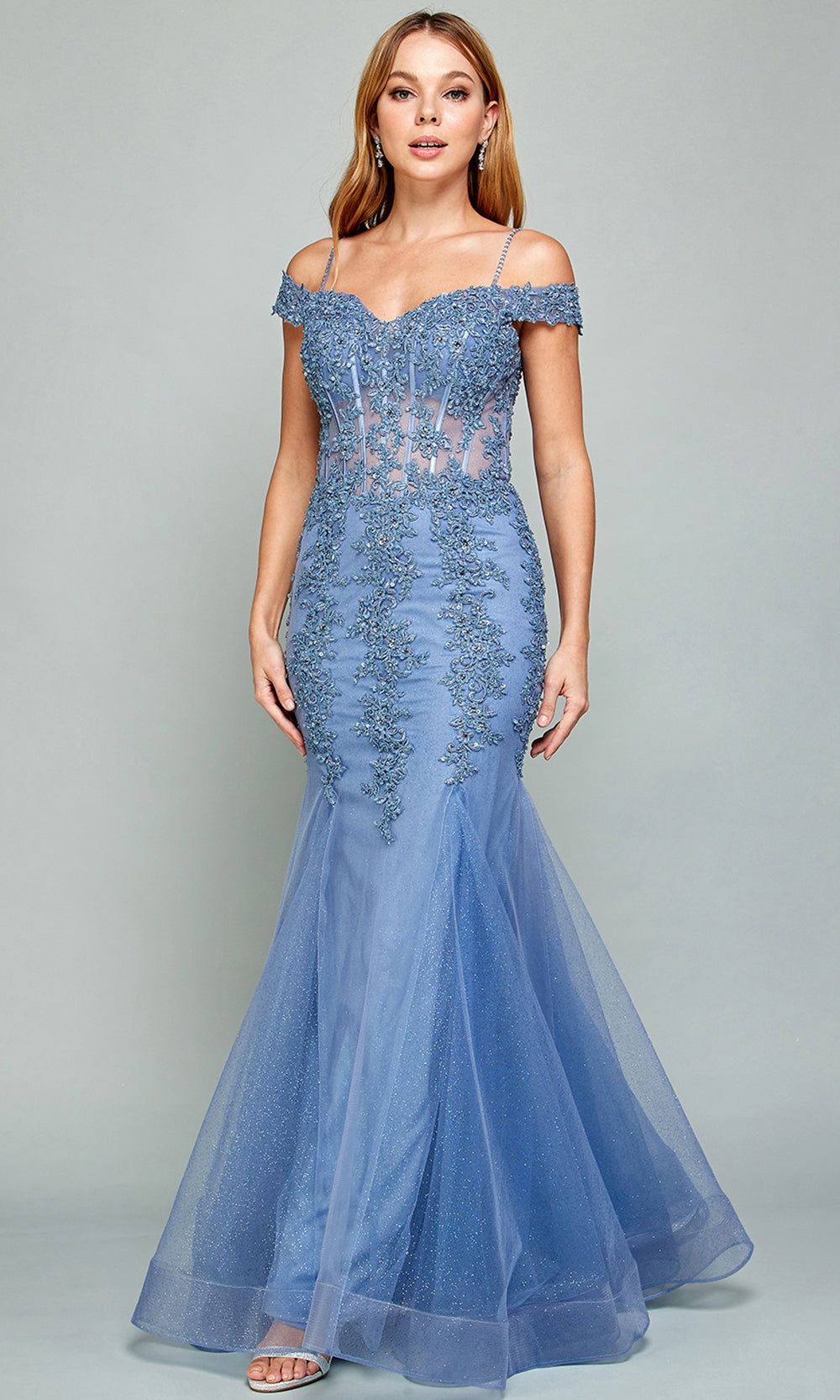 Adora Design 3005 - Beaded Lace Cold Shoulder Evening Dress