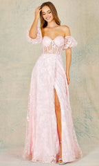 Adora Design 3083 - Butterfly Applique Puff Sleeve Long Dress