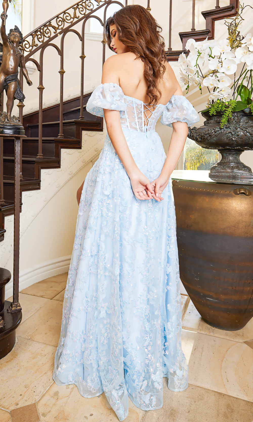 Adora Design 3083 - Butterfly Applique Puff Sleeve Long Dress