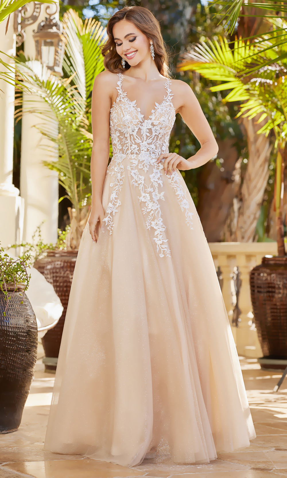 Adora Design 3089 - Crisscross Back Floral Applique Prom Dress