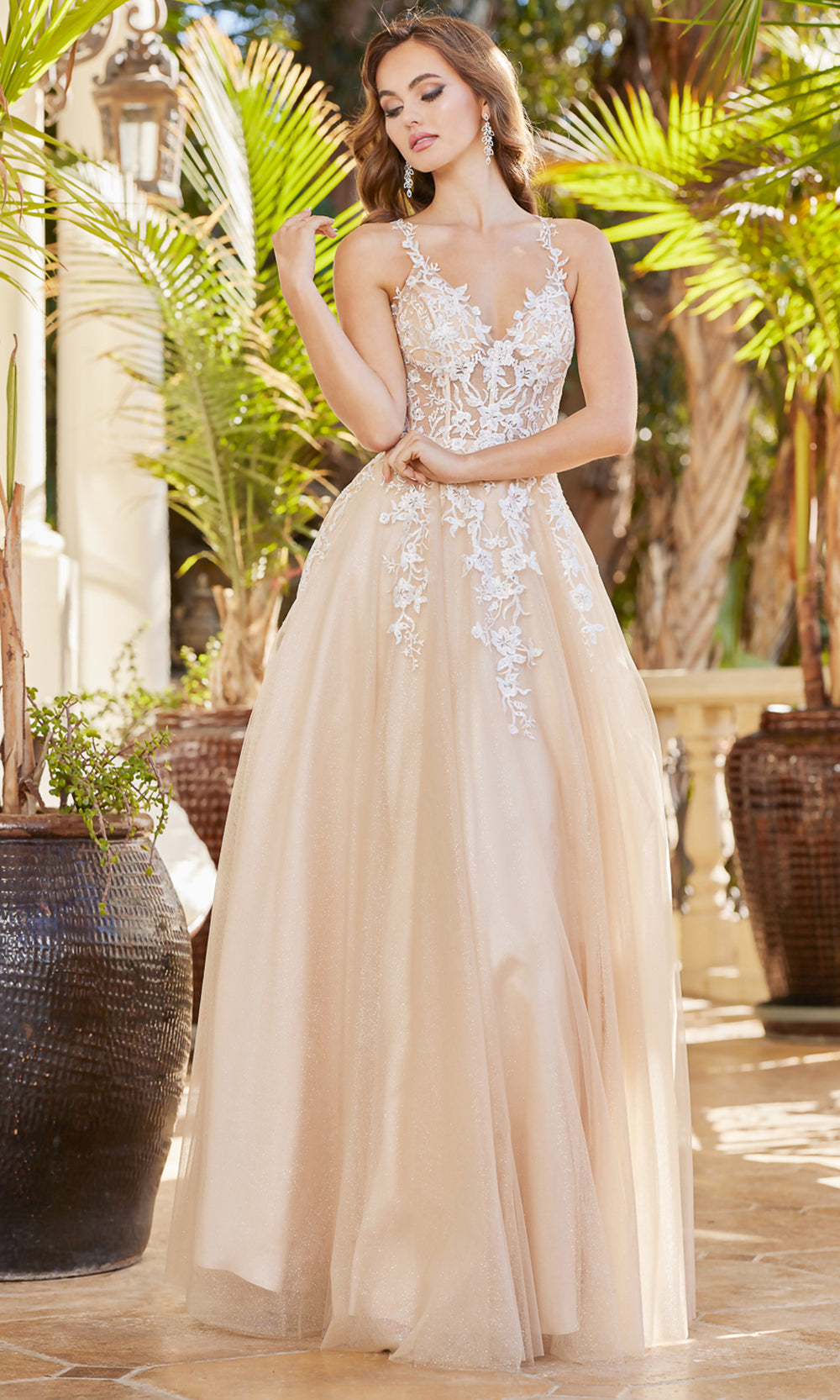 Adora Design 3089 - Crisscross Back Floral Applique Prom Dress
