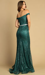 Adora Design 3093 - Beaded Belt Plunging Sweetheart Long Dress