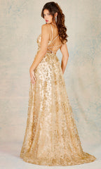 Adora Design 3137 - Long V-Neckline Floral Embroidered Dress