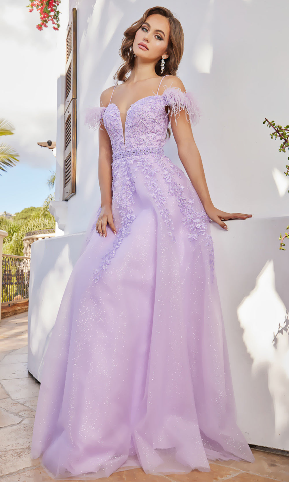 Adora Design 3143 - Feathered Sleeve Embroidered A-Line Dress