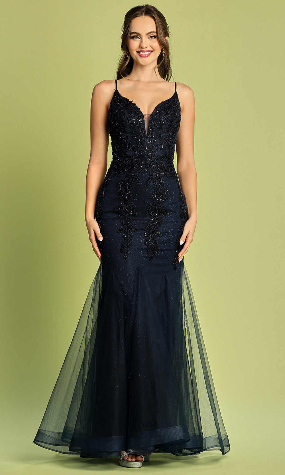 Adora Design 3183 - Embroidered Plunging Neck Mermaid Dress