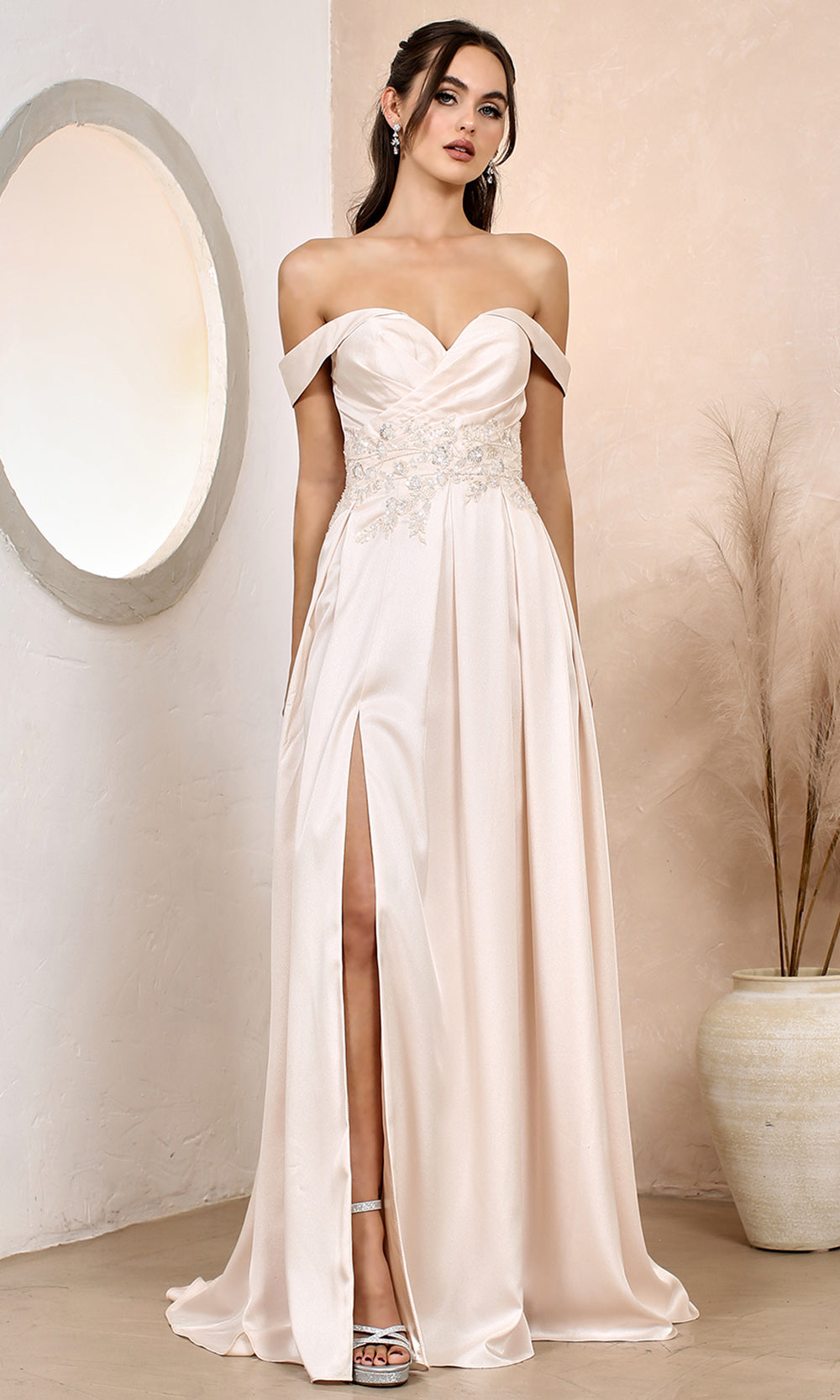 Adora Design 3200 - Off Shoulder Beaded Waist Evening Dress