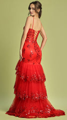 Adora Design 3221 - Scalloped Hem Floral Applique Prom Dress