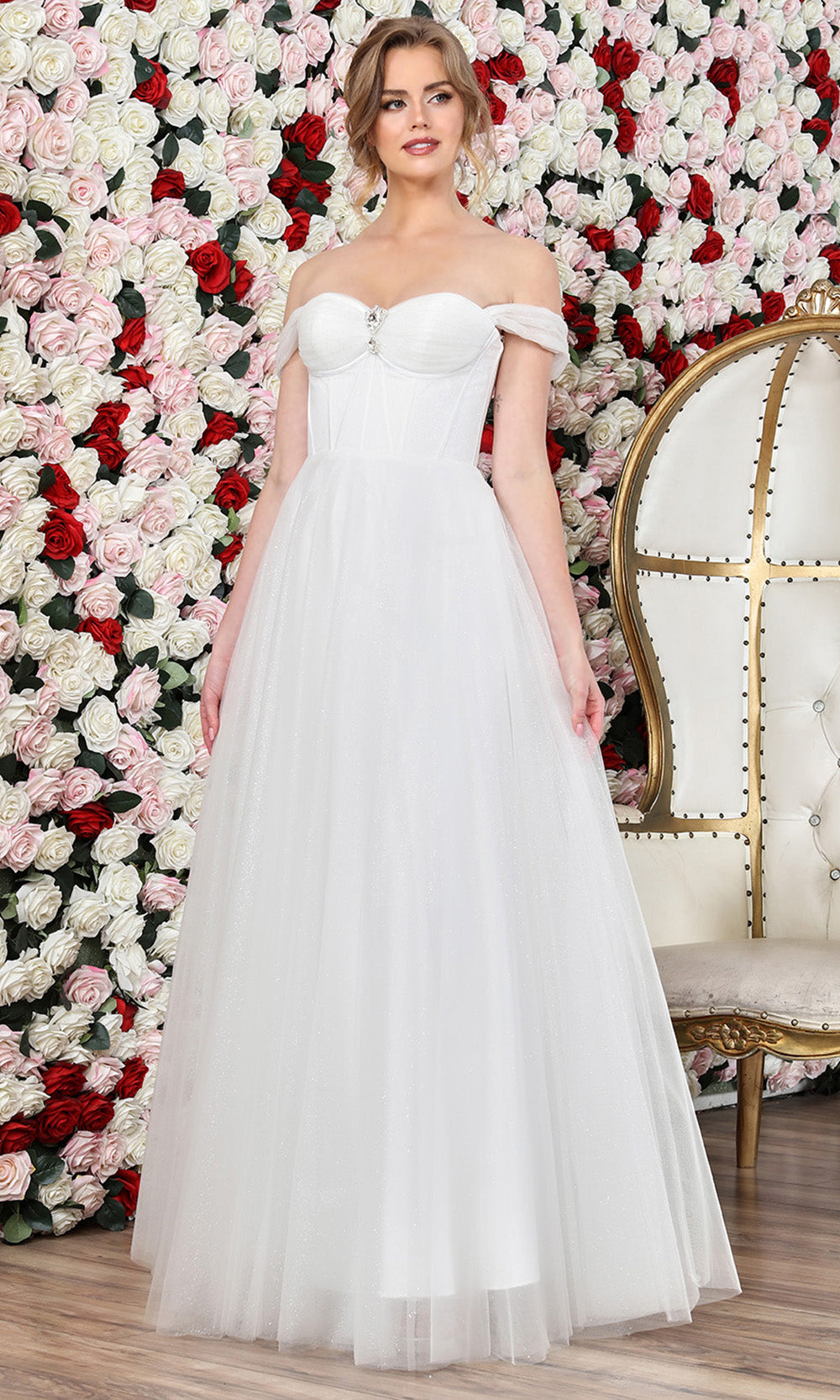 Adora Design 3244-01 - Off Shoulder Layered Dress with Beaded Brooch