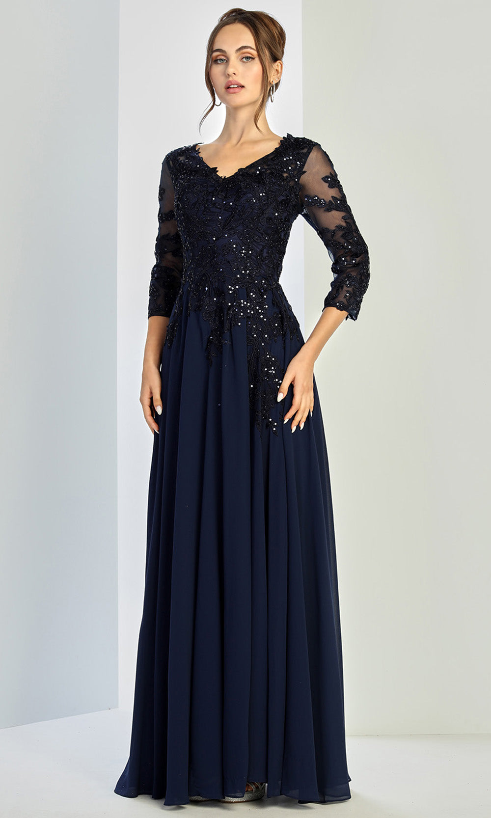 Adora Design 3247-03 - Three-Quarter Sleeve Flowing Formal Gown