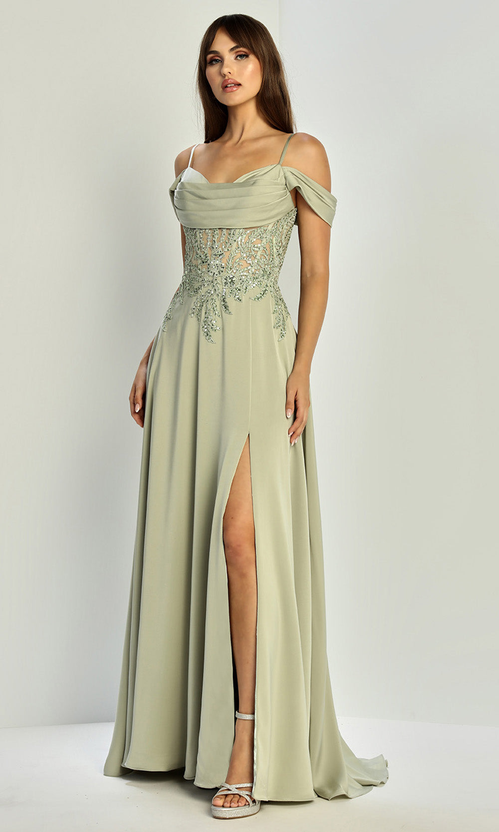 Adora Design 3251 - Cold Shoulder Beaded Lace Formal Gown