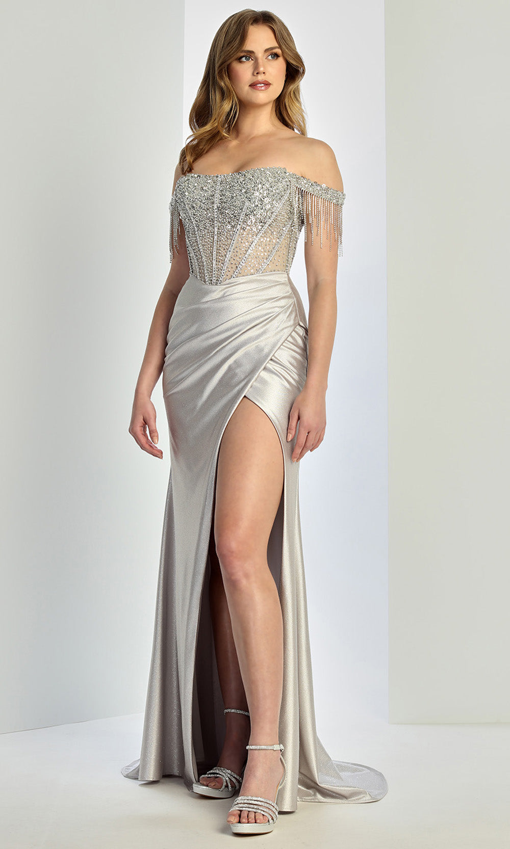 Adora Design 3268 - Fringe Sleeve Wrapped Sheath Long Gown