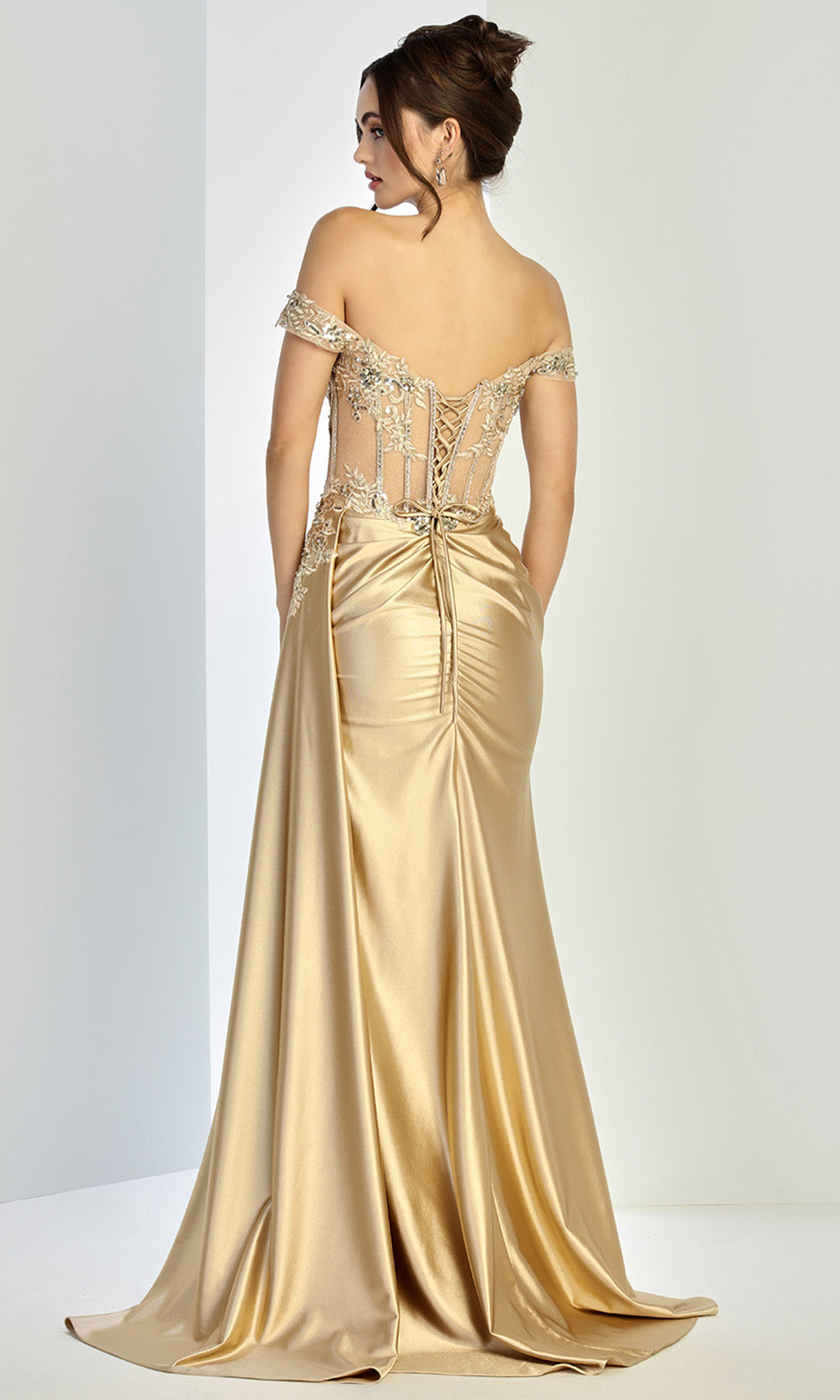 Adora Design 3281 - Off Shoulder Corset Long Gown with Side Drape