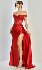Adora Design 3281 - Off Shoulder Corset Long Gown with Side Drape