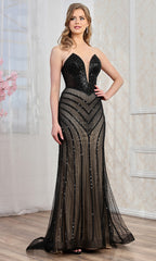 Adora Design 3282 - Illusion Sides Plunging V-Neck Beaded Gown