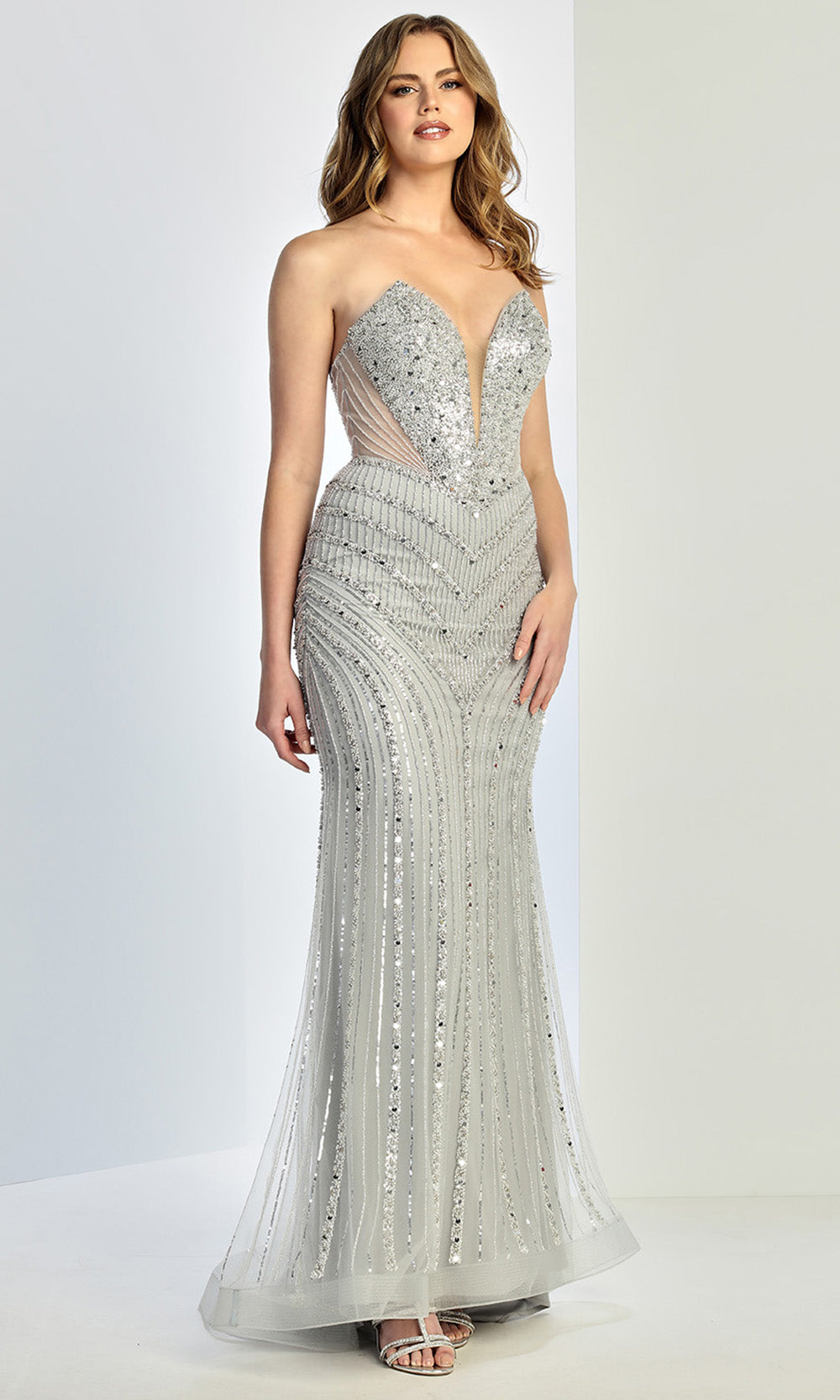 Adora Design 3282 - Illusion Sides Plunging V-Neck Beaded Gown