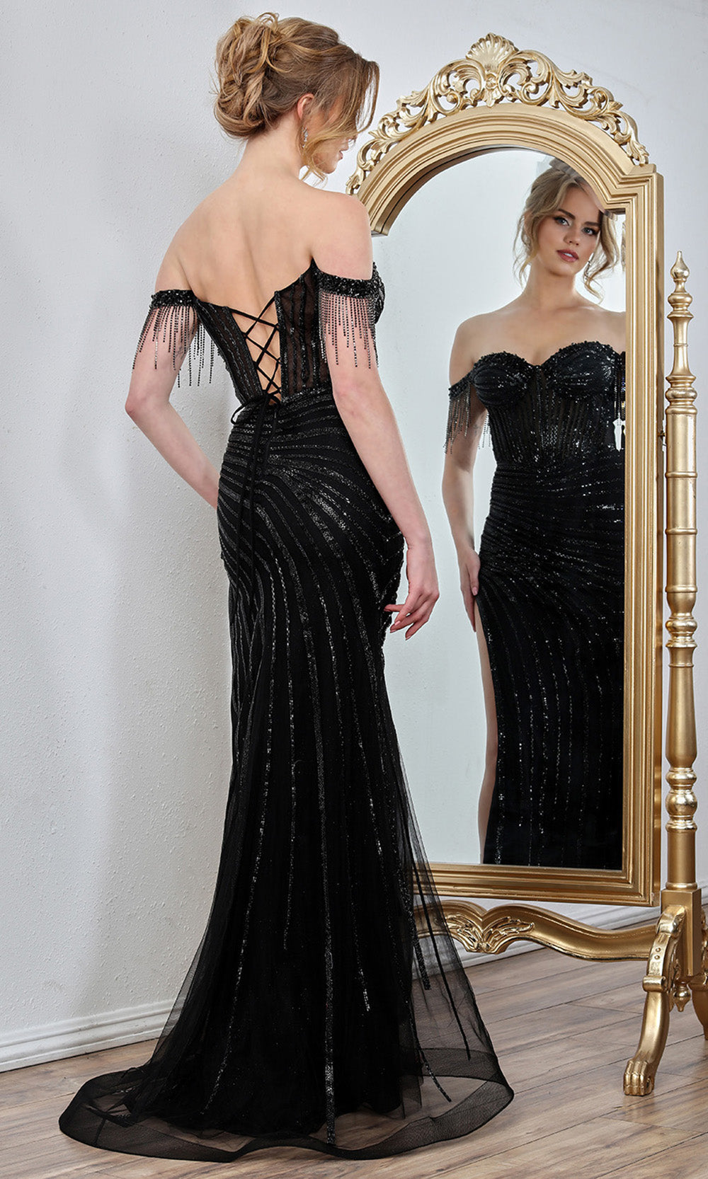 Adora Design 3296 - Fringe Accent Off Shoulder Evening Gown
