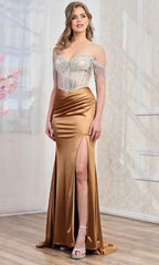Adora Design 3297 - Draped Sleeve Fringe Sheath Evening Gown