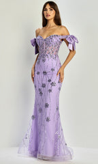 Adora Design 3307 - Off Shoulder Bow Sleeve Sparkling Gown
