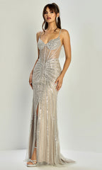 Adora Design 3310 - Beaded Linear Pattern Sleeveless Gown