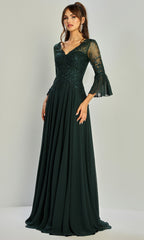 Adora Design 3317-03 - Three-Quarter Bell Sleeve Beaded Formal Gown