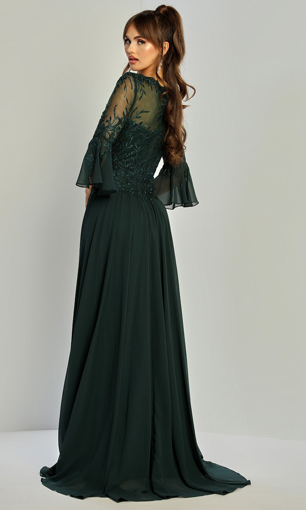 Adora Design 3317-03 - Three-Quarter Bell Sleeve Beaded Formal Gown