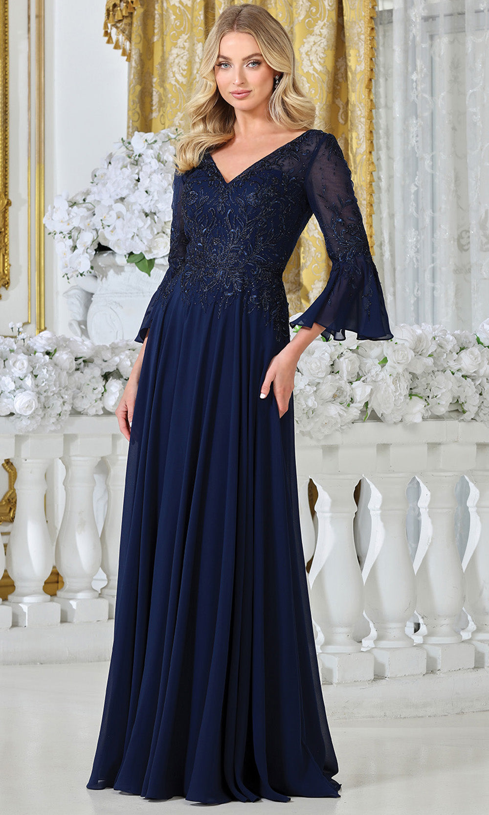 Adora Design 3317-03 - Three-Quarter Bell Sleeve Beaded Formal Gown
