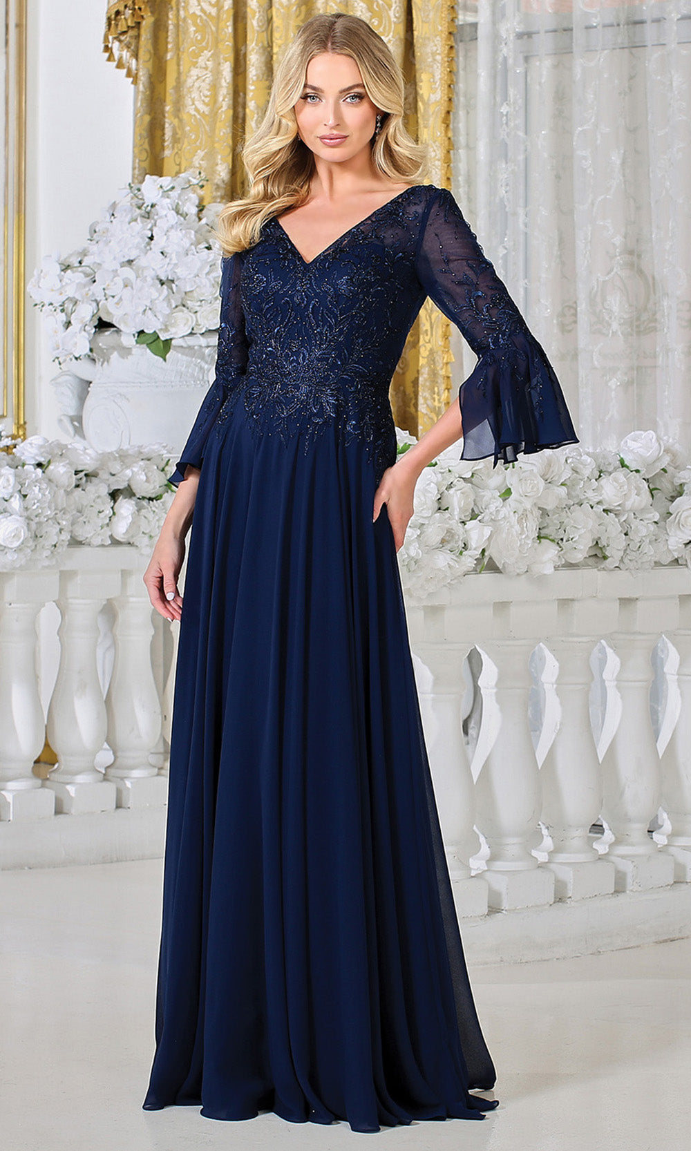 Adora Design 3317-03 - Three-Quarter Bell Sleeve Beaded Formal Gown