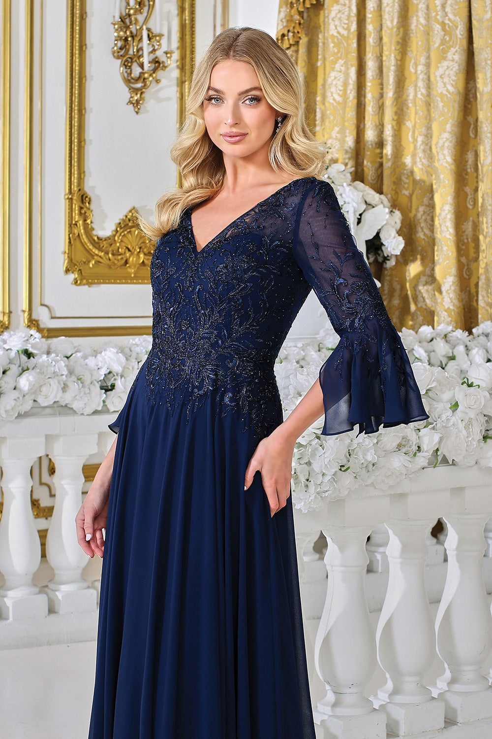 Adora Design 3317-03 - Three-Quarter Bell Sleeve Beaded Formal Gown