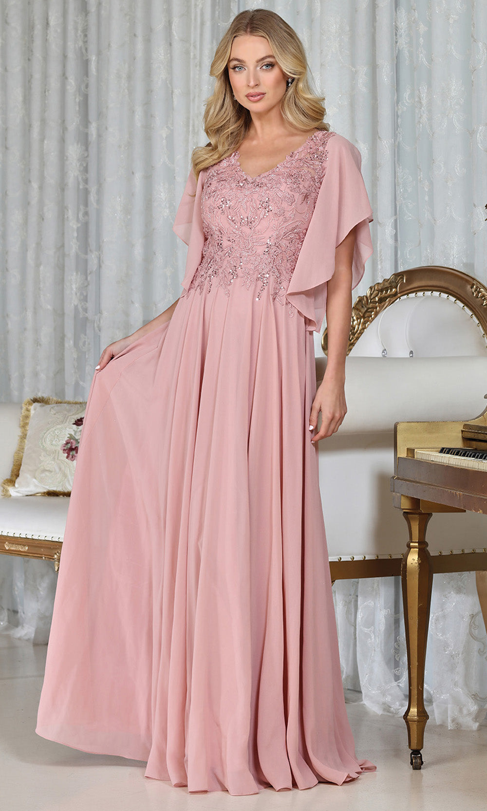 Adora Design 3318-03 - Beaded Lace Flutter Sleeve Formal Gown