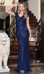 Adora Design 3332-03 - Shimmer Cap Sleeve Formal Gown