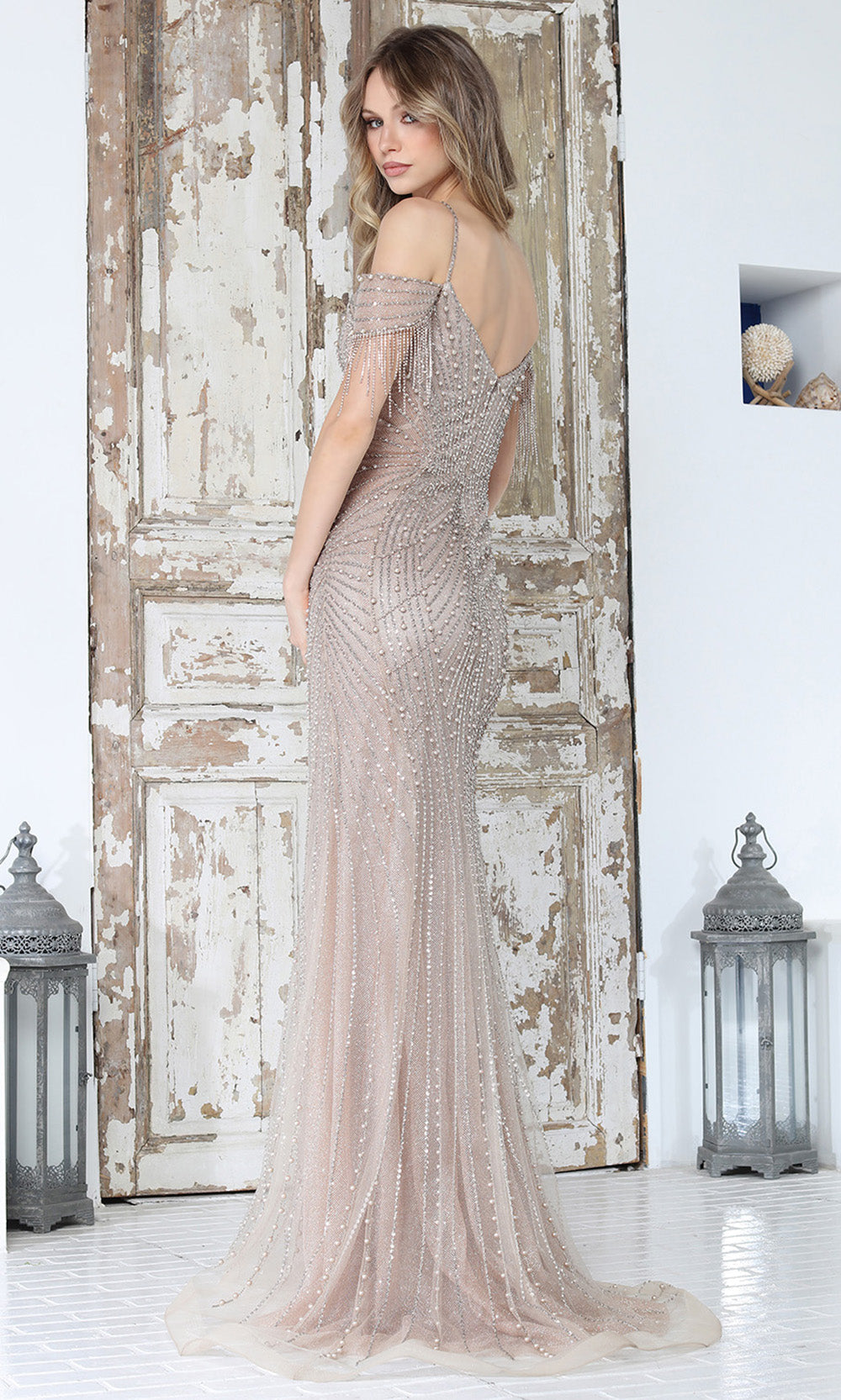 Adora Design 3342 - Fringed Sleeve Sheath Evening Gown