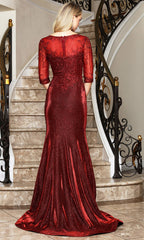 Adora Design 3354-03 - Embroidered Three-Quarter Sleeve Formal Gown