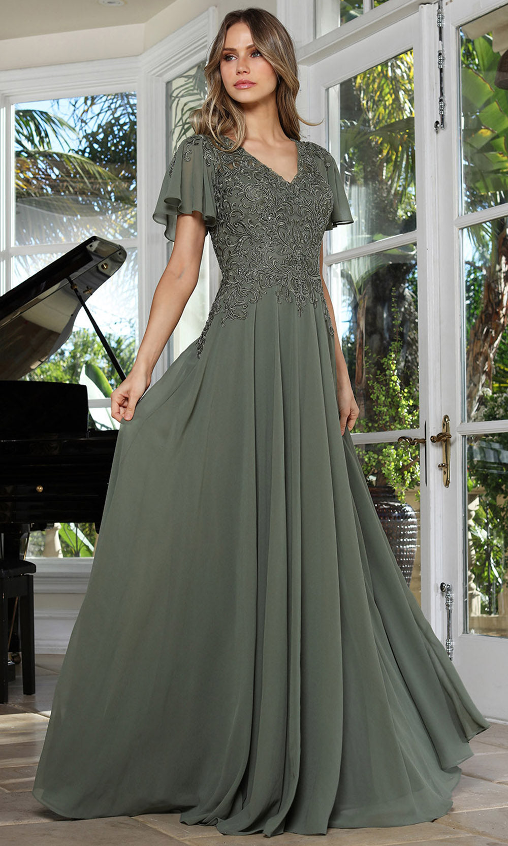 Adora Design 3356-03 - Lace Applique Flutter Sleeve Formal Gown