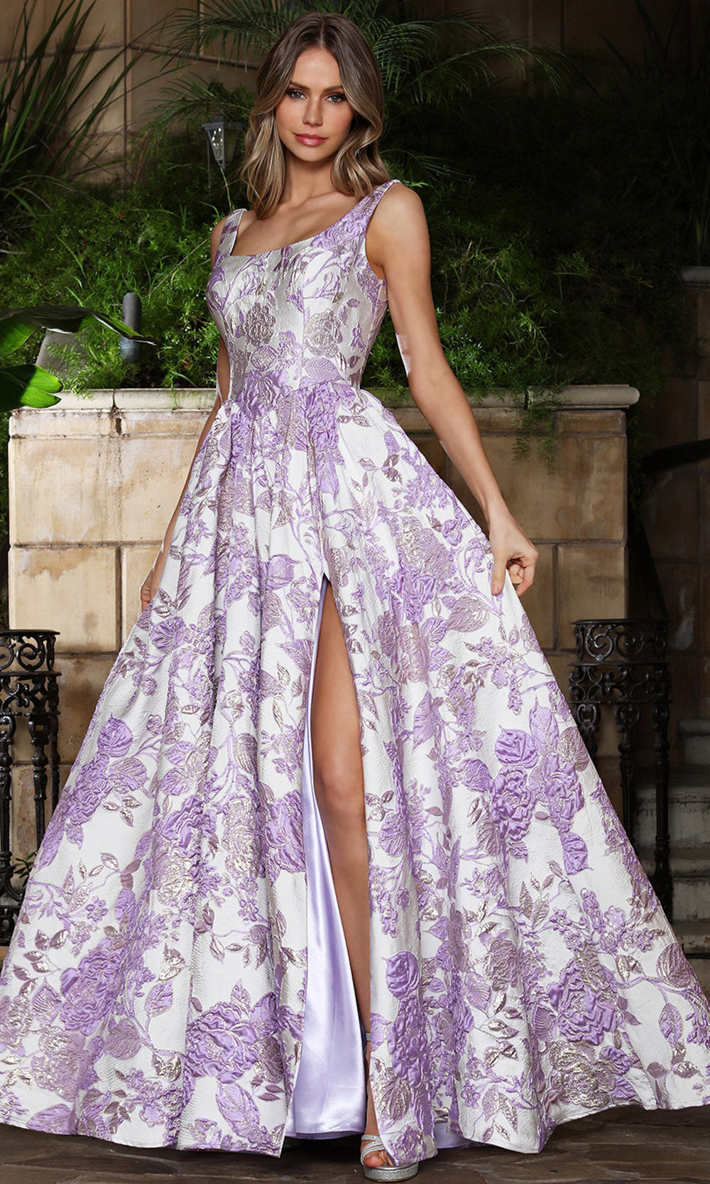 Adora Design 3379 - Floral Square Neck Evening Gown