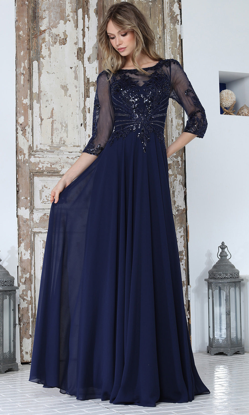 Adora Design 3382-03 - Illusion Sleeve A-Line Formal Gown