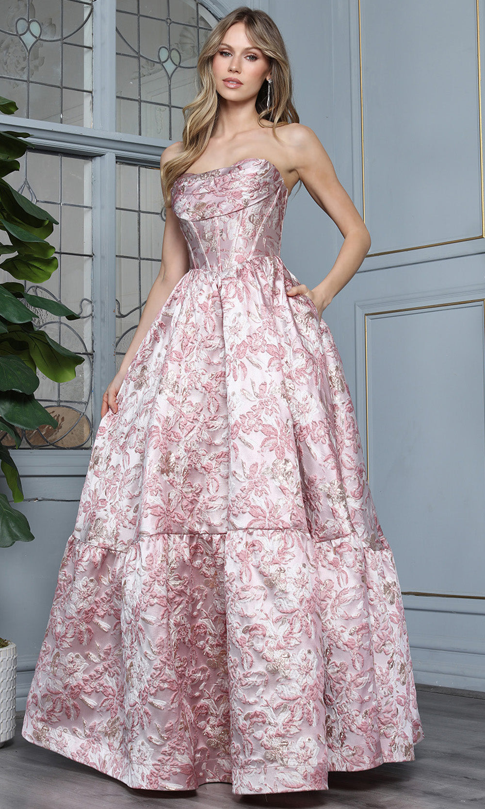 Adora Design 3384 - Floral Strapless Ballgown with Pockets