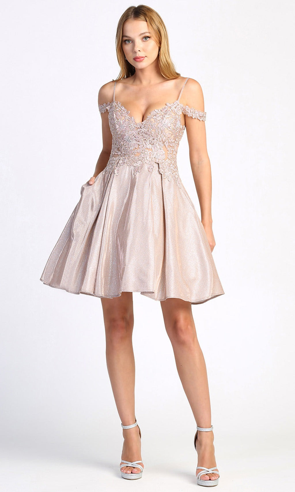 Adora Design 1010 - Embroidered Pleated A-Line Short Dress