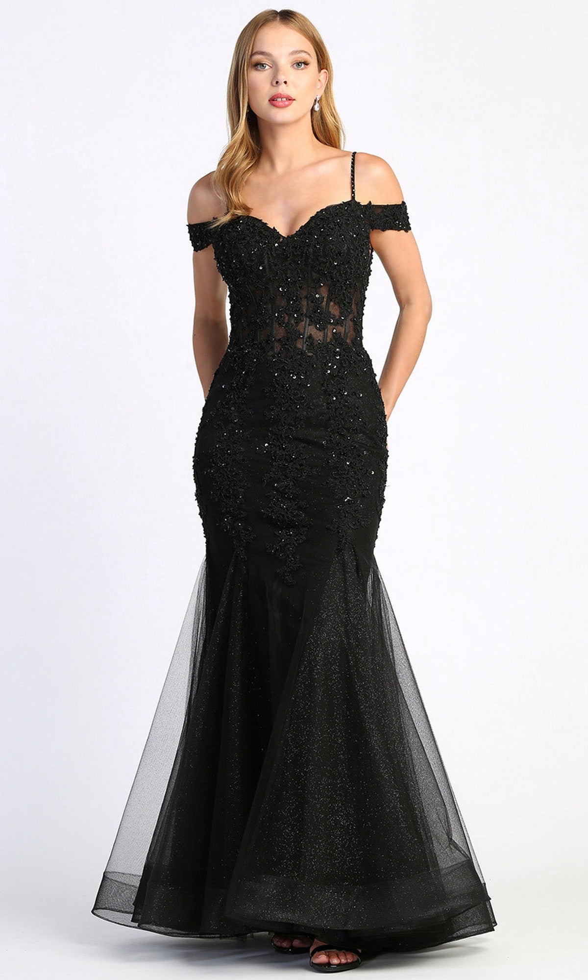 Adora Design 3005 - Beaded Lace Cold Shoulder Evening Dress