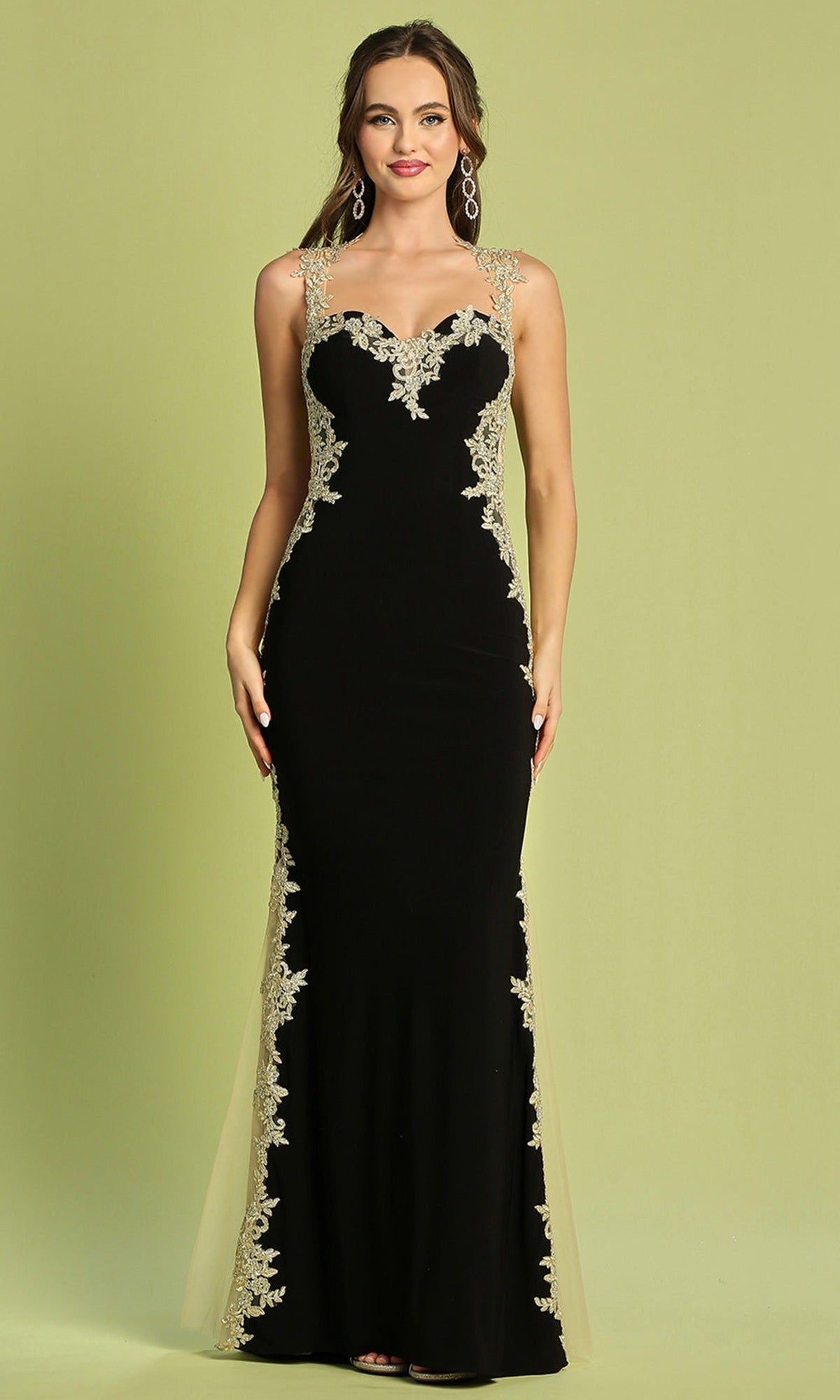 Adora Design 3115 - Embroidered Illusion Panel Sleeveless Dress