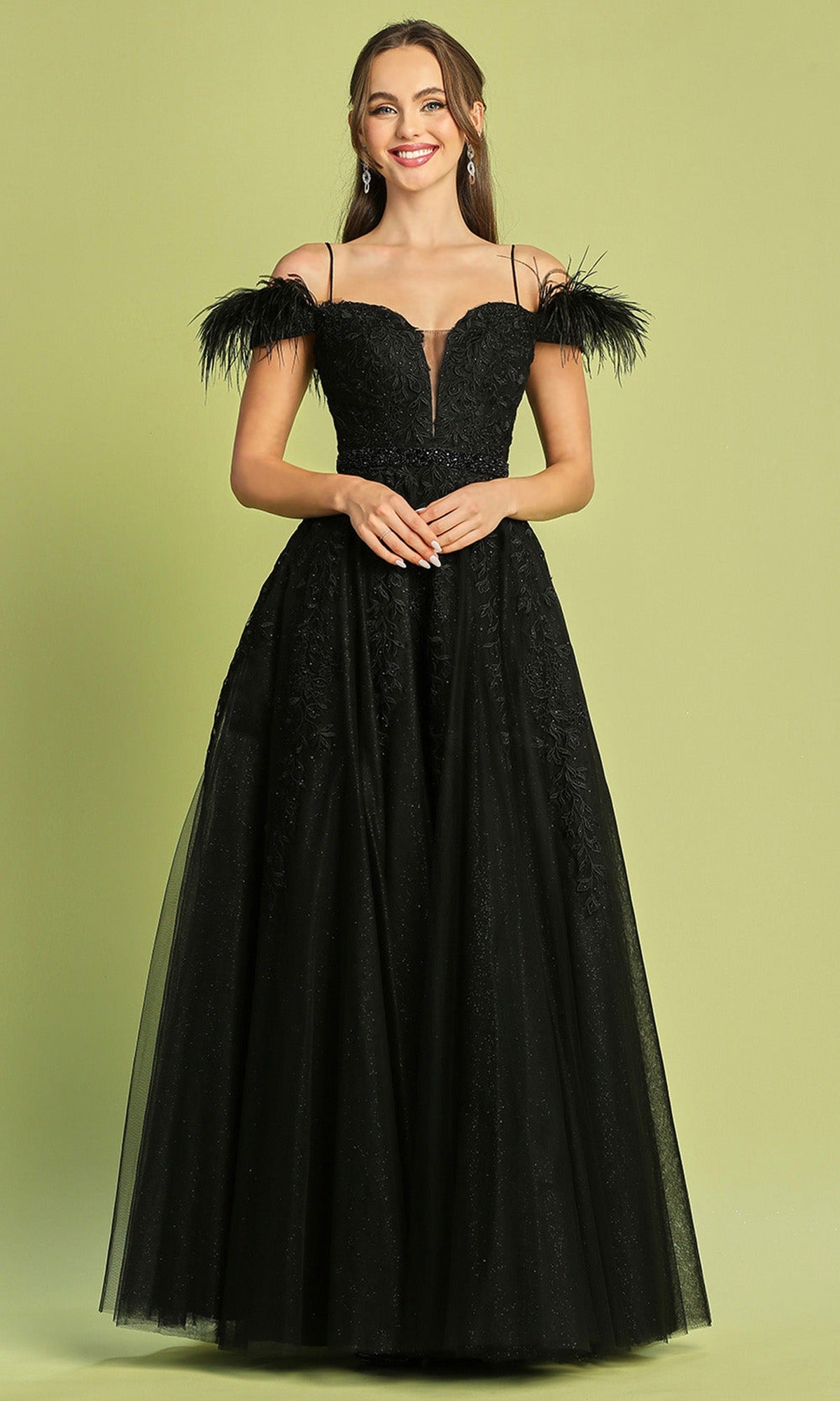 Adora Design 3143 - Feathered Sleeve Embroidered A-Line Dress