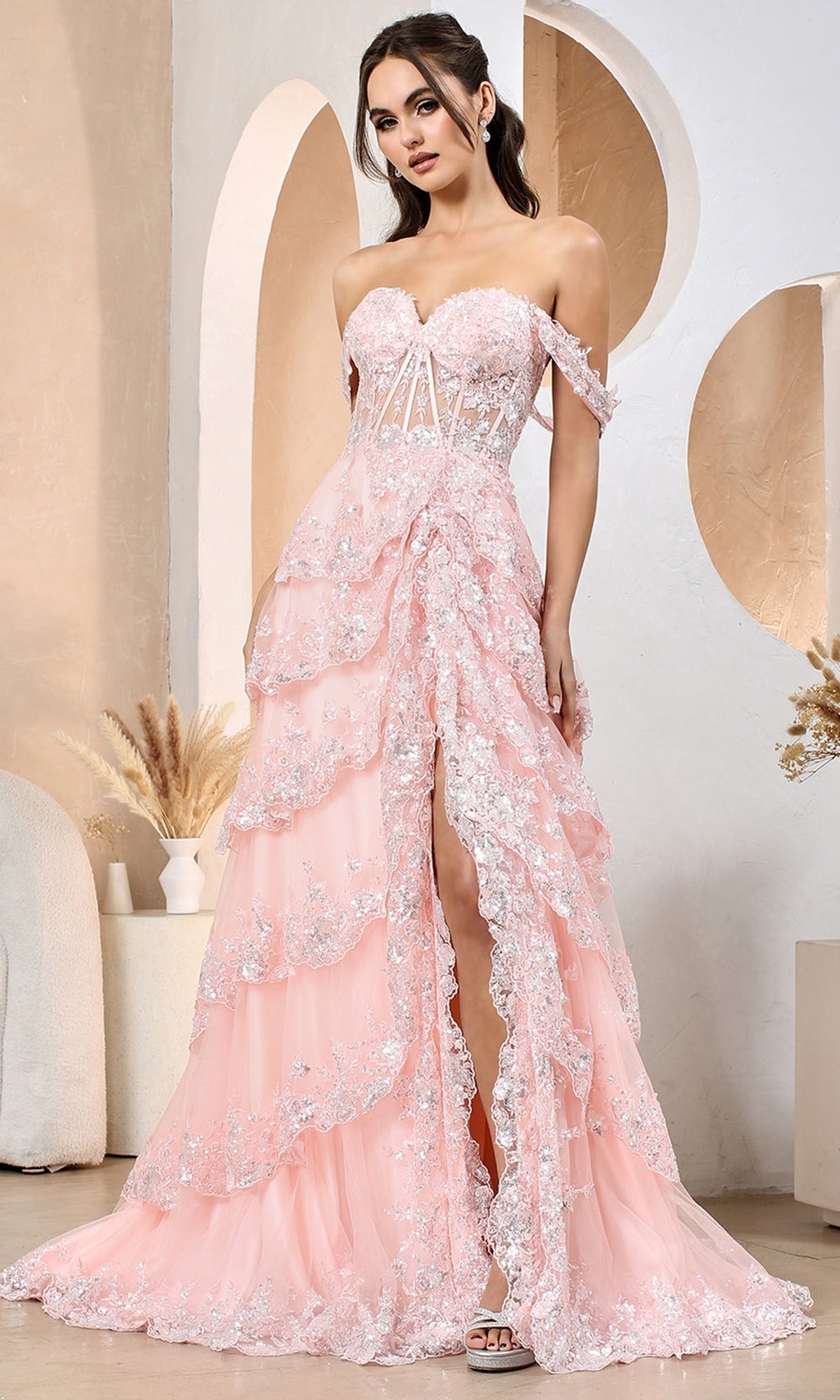 Adora Design 3174 - Tiered Sparkling Lace A-Line Dress