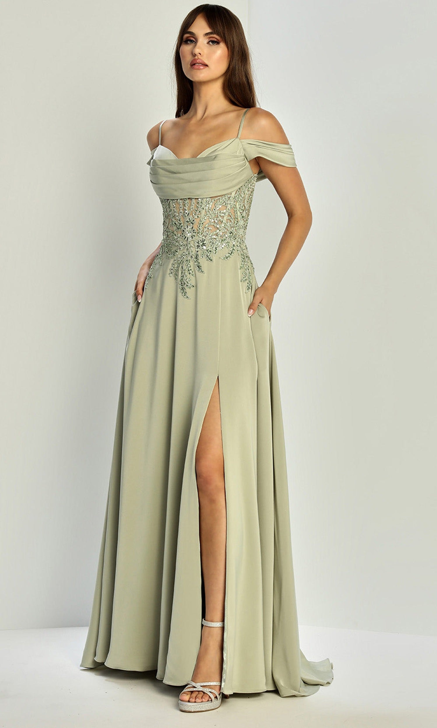 Adora Design 3251 - Cold Shoulder Beaded Lace Formal Gown