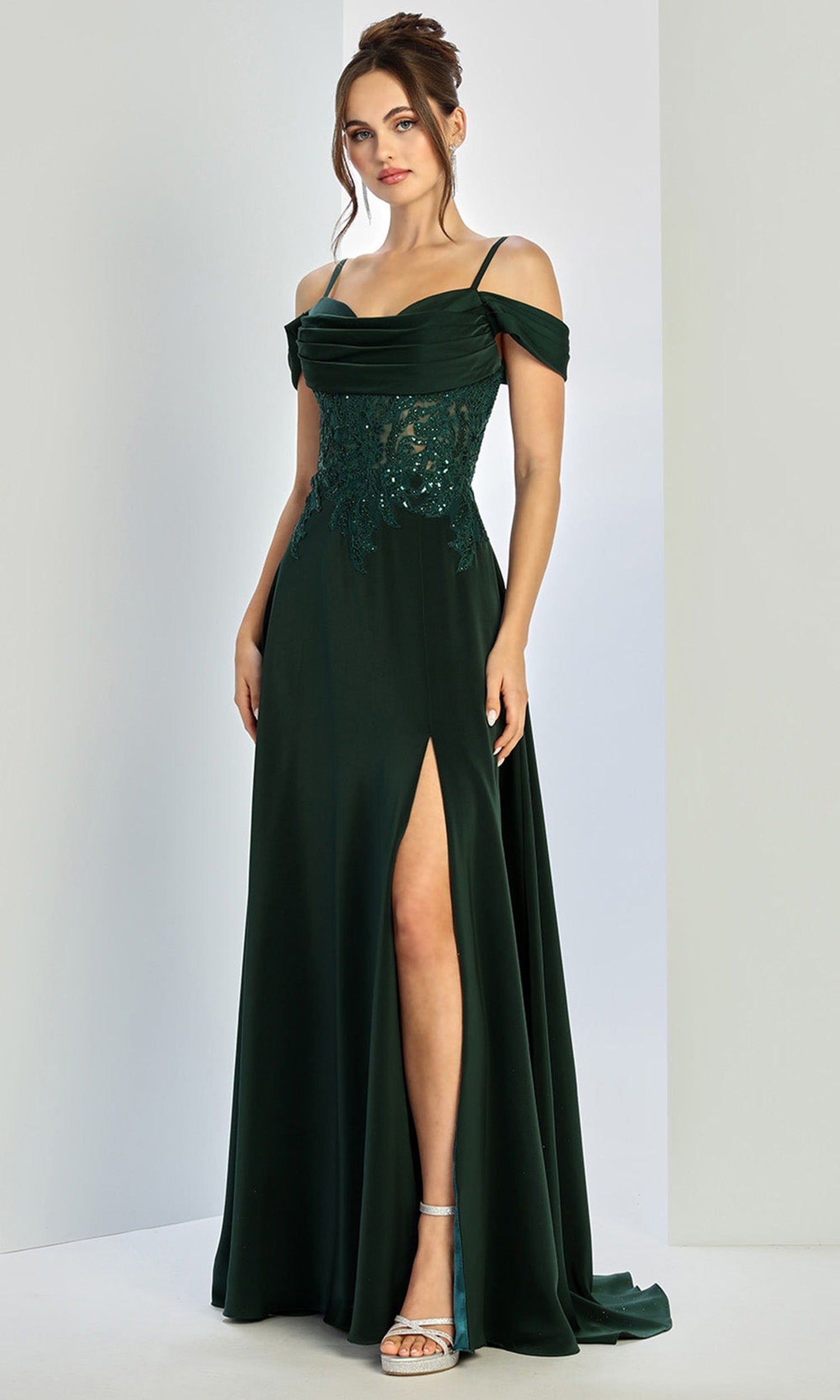 Adora Design 3251 - Cold Shoulder Beaded Lace Formal Gown