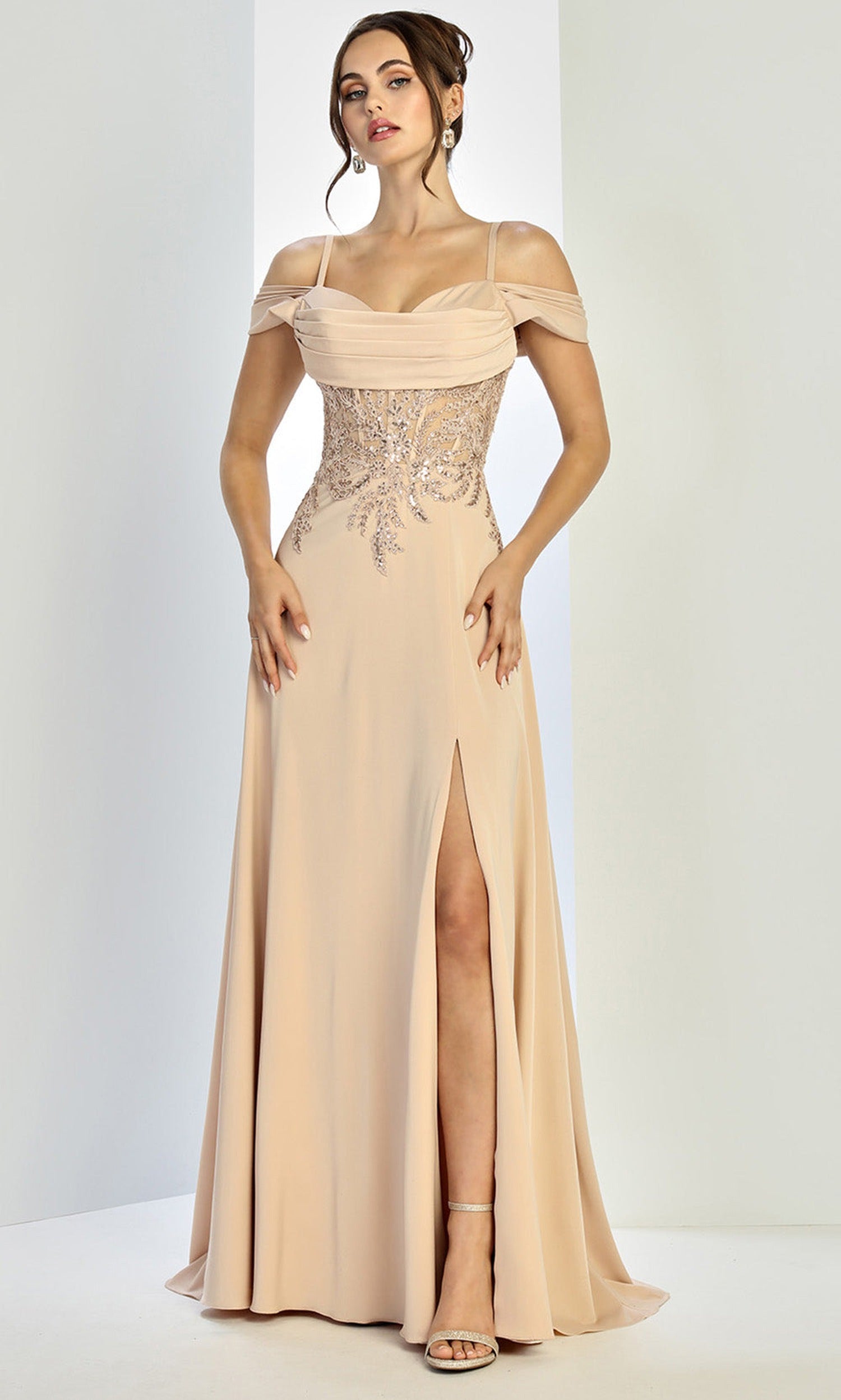 Adora Design 3251 - Cold Shoulder Beaded Lace Formal Gown
