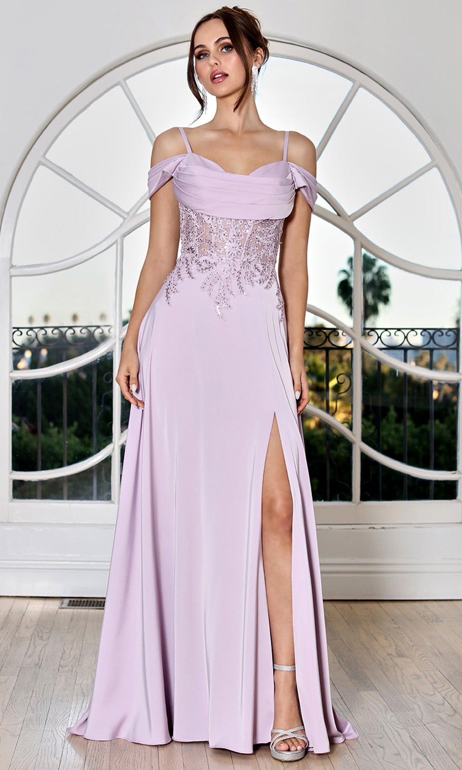 Adora Design 3251 - Cold Shoulder Beaded Lace Formal Gown