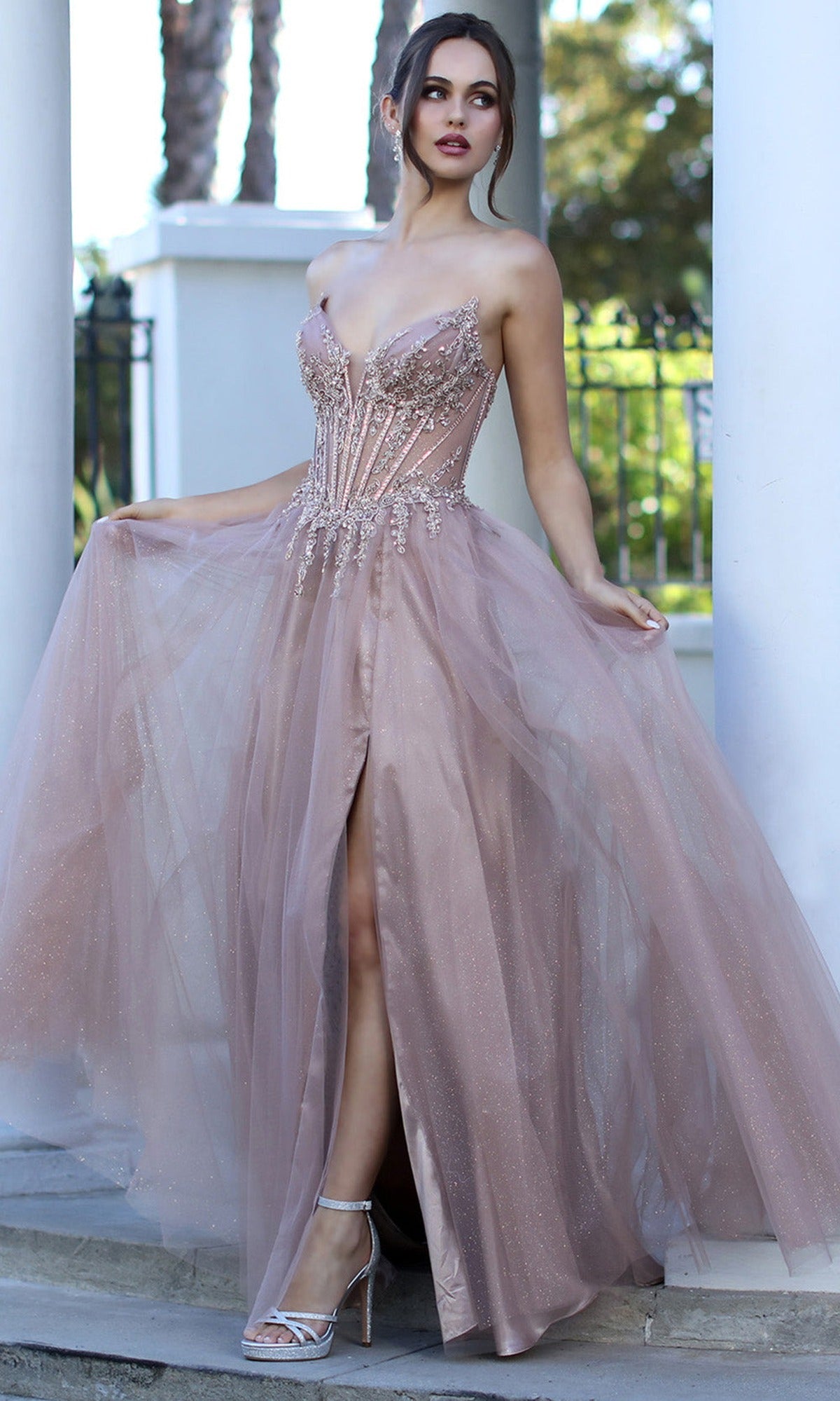 Adora Design 3269 - Plunging V-Neck Layered High Slit Gown