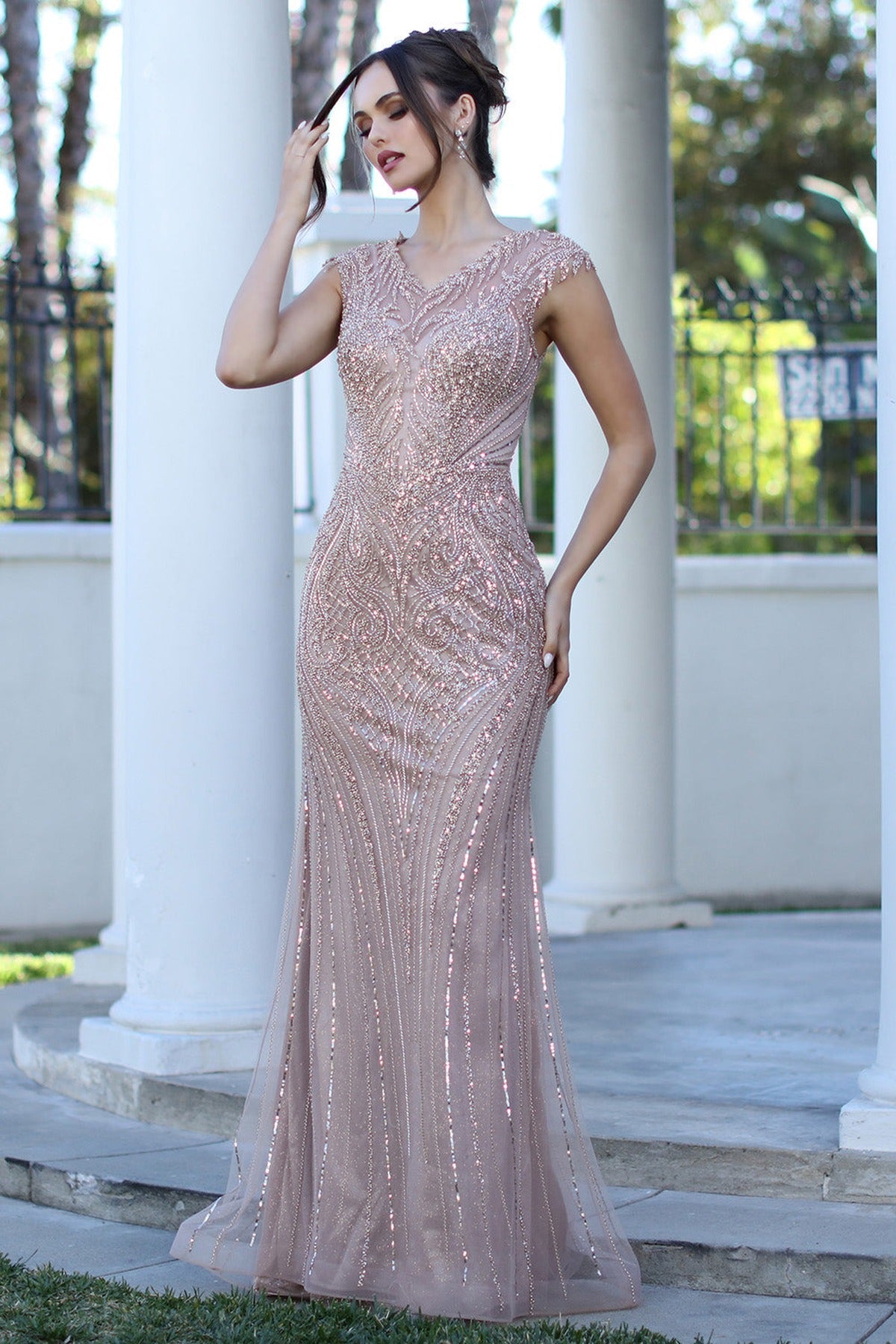 Adora Design 3272-03 - Illusion V-Neck Beaded Formal Gown