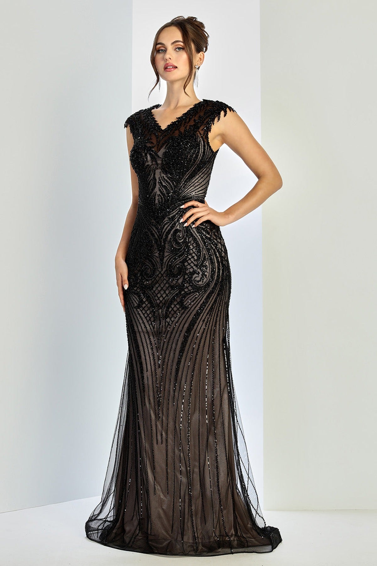 Adora Design 3272-03 - Illusion V-Neck Beaded Formal Gown